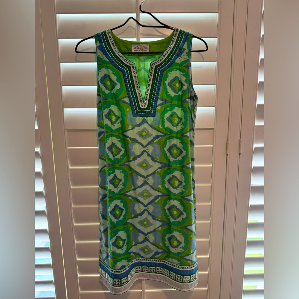 Bella Tu Ikat Print Sleeveless Tunic Dress Green Blue Beaded Trim – Size